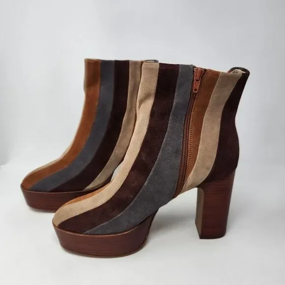 New Cecelia New York Carcie Leather Stacked Platform Boots Brown Stripes Size 11 - Picture 3 of 5